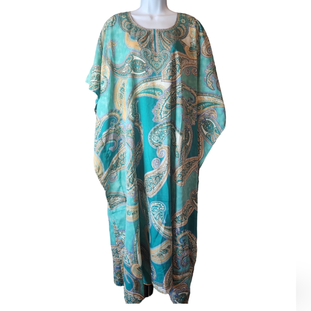 Stacey Summers Green Tab Gold Purple Sparkle Kaftan Maxi Dress Cover Up